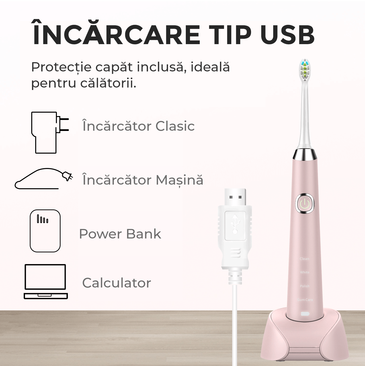 Periuta de dinti electrica Woya Smart Sonic Premium WH3, 4 moduri, 4 Capete, 38000 vpm, Roz - imagine 3