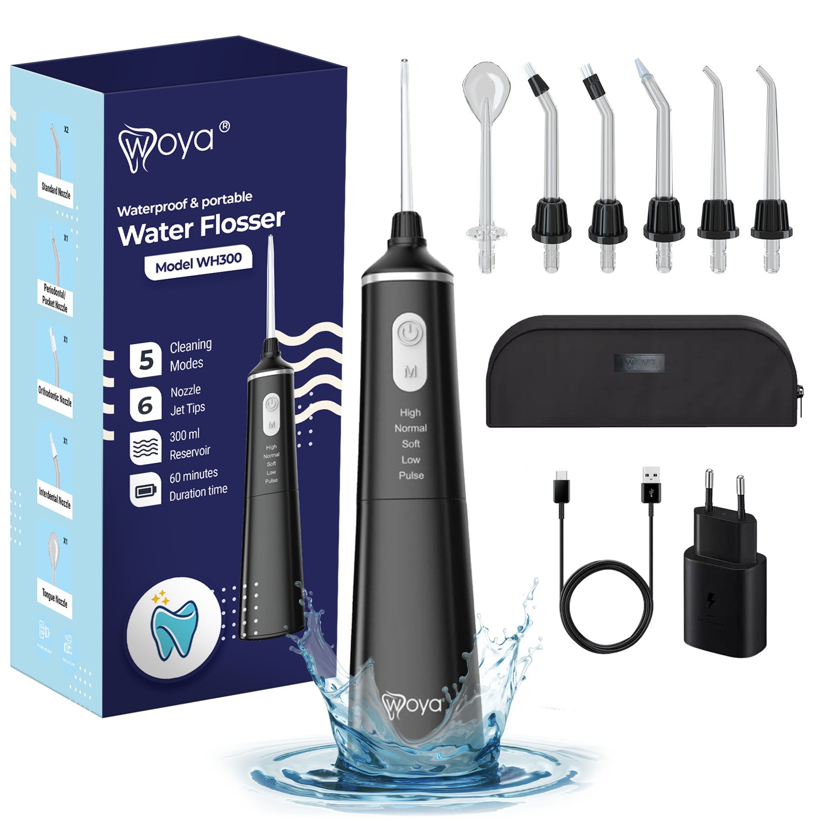 Irigator Bucal Woya WH300, 5 Moduri, 6 Capete, Rezervor 300 ml, Negru