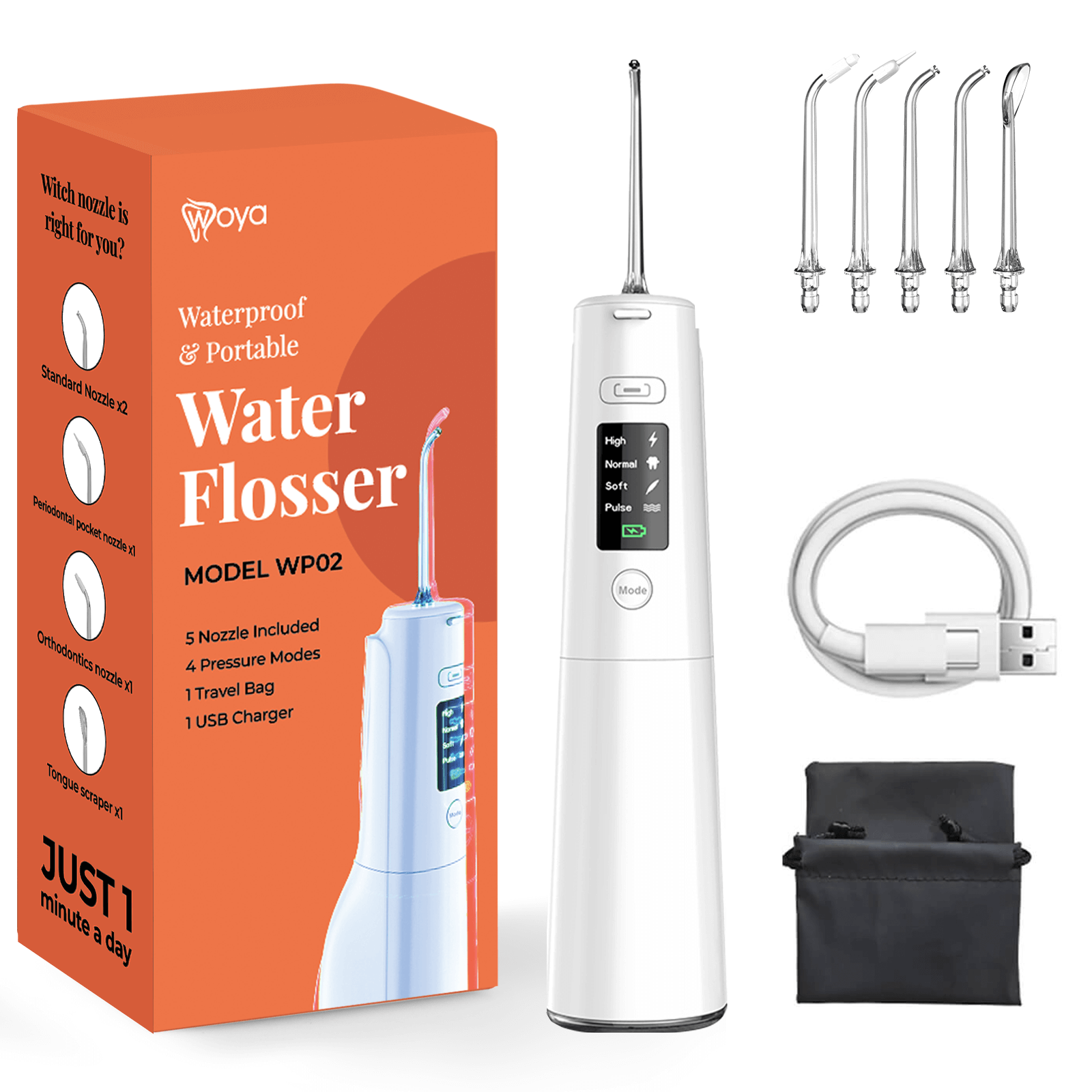 Irigator Bucal Woya WP02, 4 Moduri, 5 Capete, Rezervor 300 ml, Alb