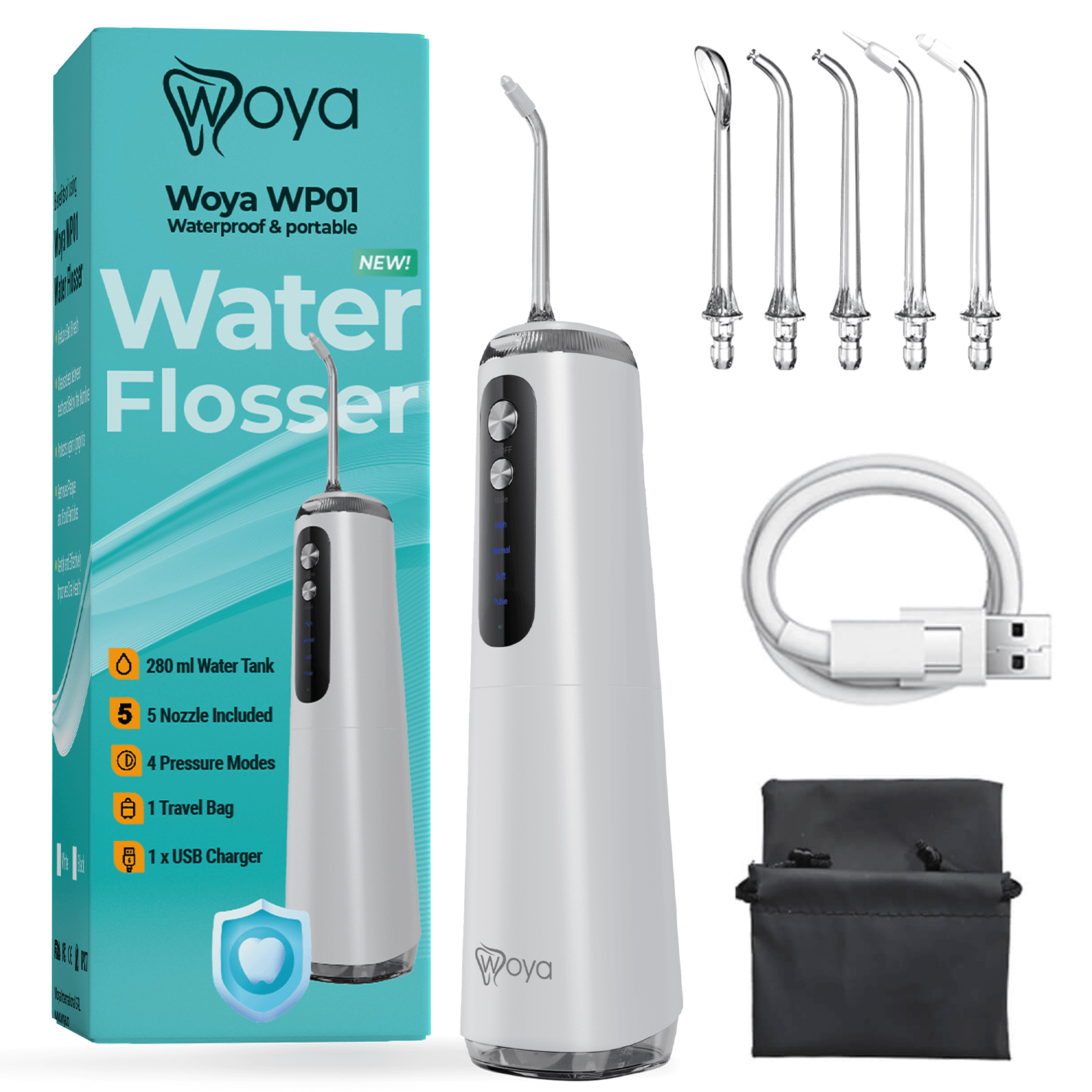 Irigator Bucal Woya WP01, 4 Moduri, 5 Capete, Rezervor 280 ml, Alb