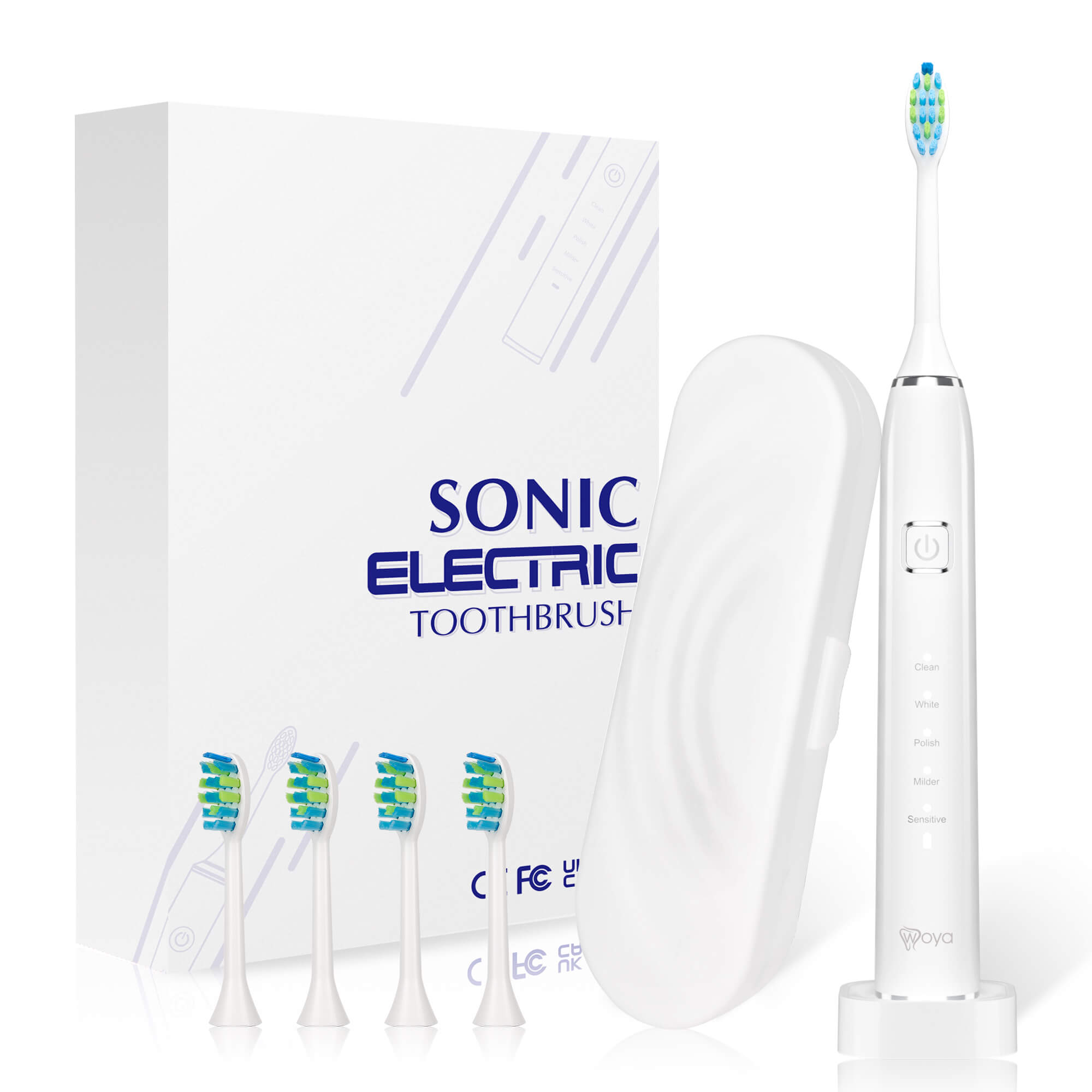 Periuta de dinti electrica Woya Smart Sonic EA312, 5 Moduri, 4 Capete, Etui Voiaj si Baza de incarcare, 38000 vpm, IPX7 – Alb