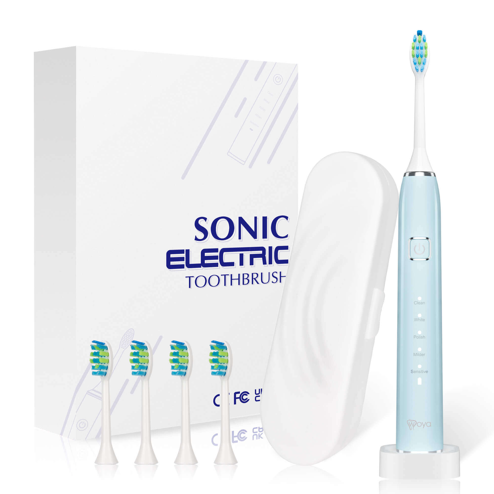 Periuta de dinti electrica Woya Smart Sonic EA312, 5 Moduri, 4 Capete, Etui Voiaj si Baza de incarcare, 38000 vpm, IPX7 – Albastru Deschis