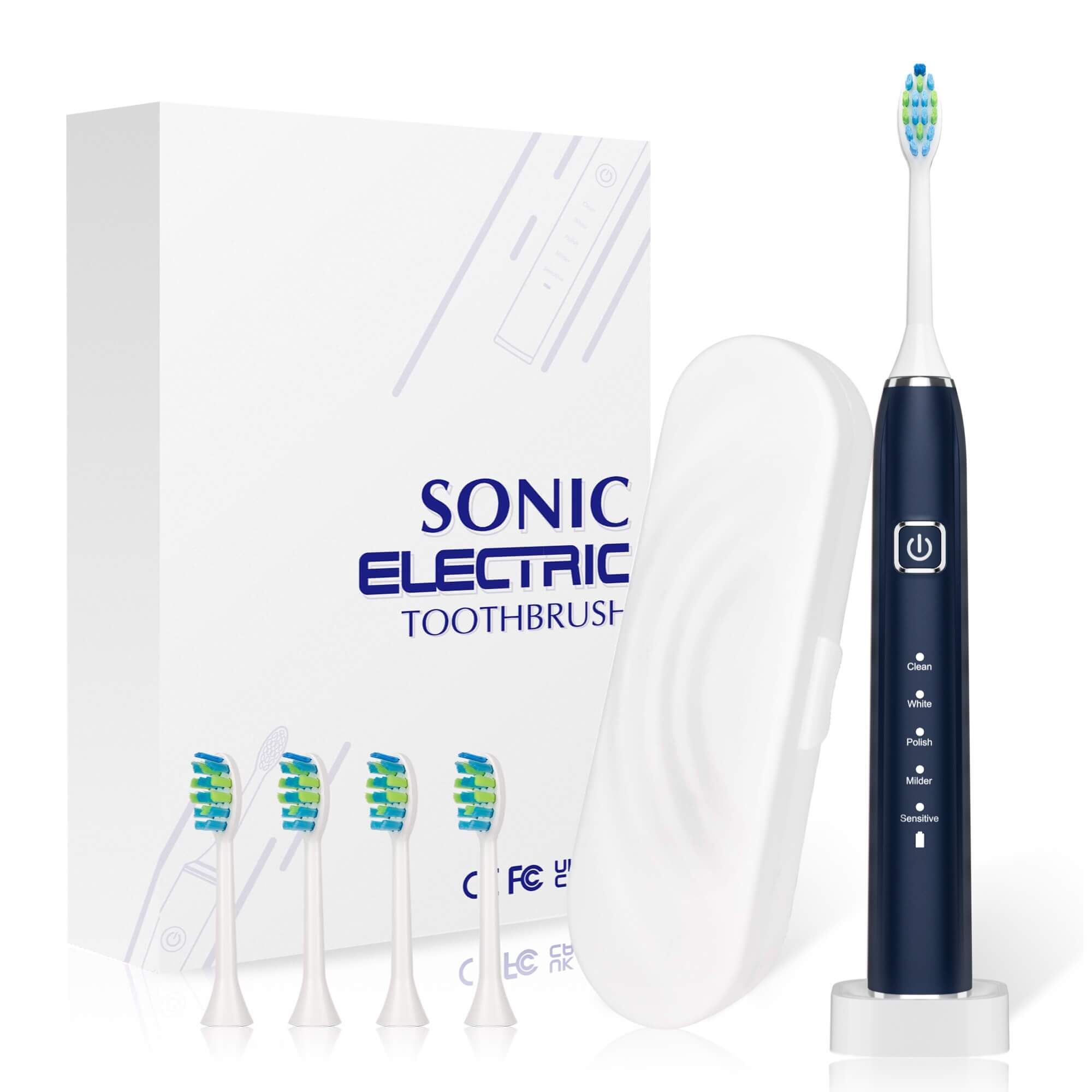 Periuta de dinti electrica Woya Smart Sonic EA312, 5 Moduri, 4 Capete, Etui Voiaj si Baza de incarcare, 38000 vpm, IPX7 – Albastru Inchis