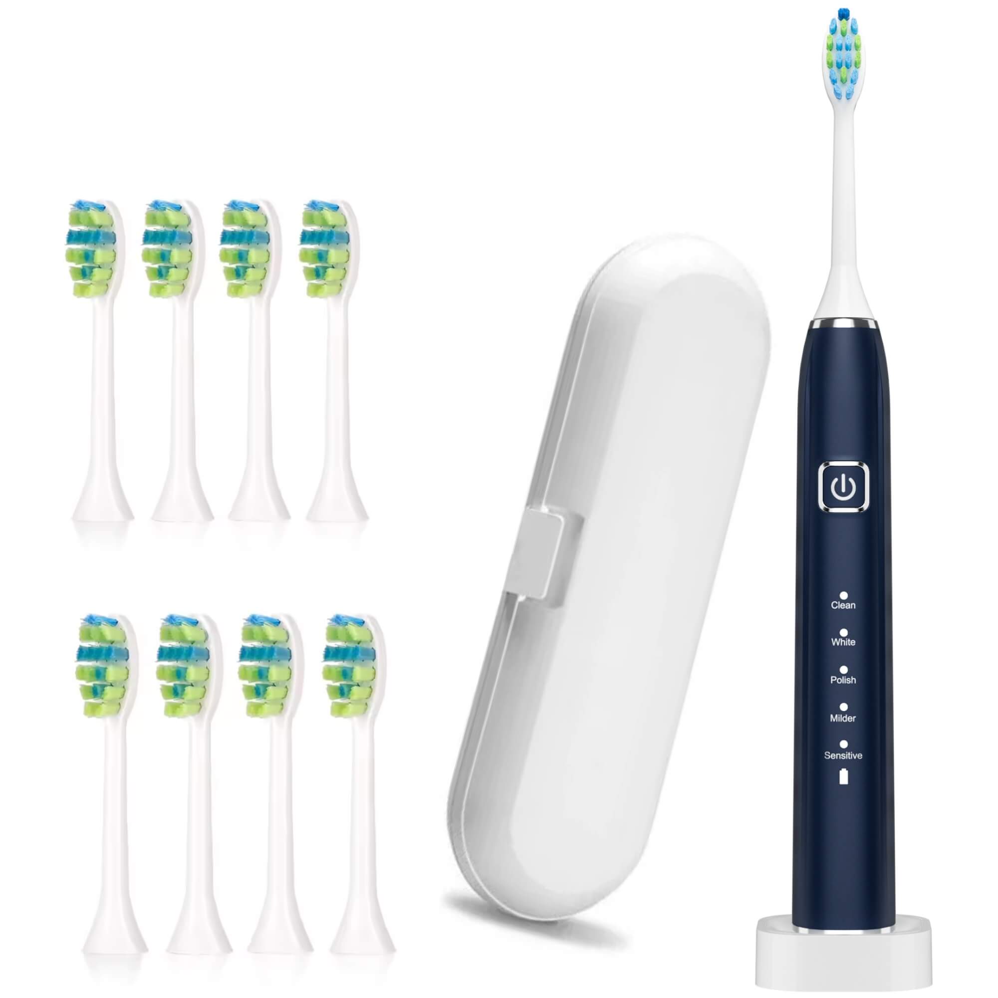 Periuta de dinti electrica Woya Smart Sonic EA312, 5 Moduri, 8 Capete, Etui Voiaj si Baza de incarcare, 38000 vpm, IPX7 – Albastru Inchis