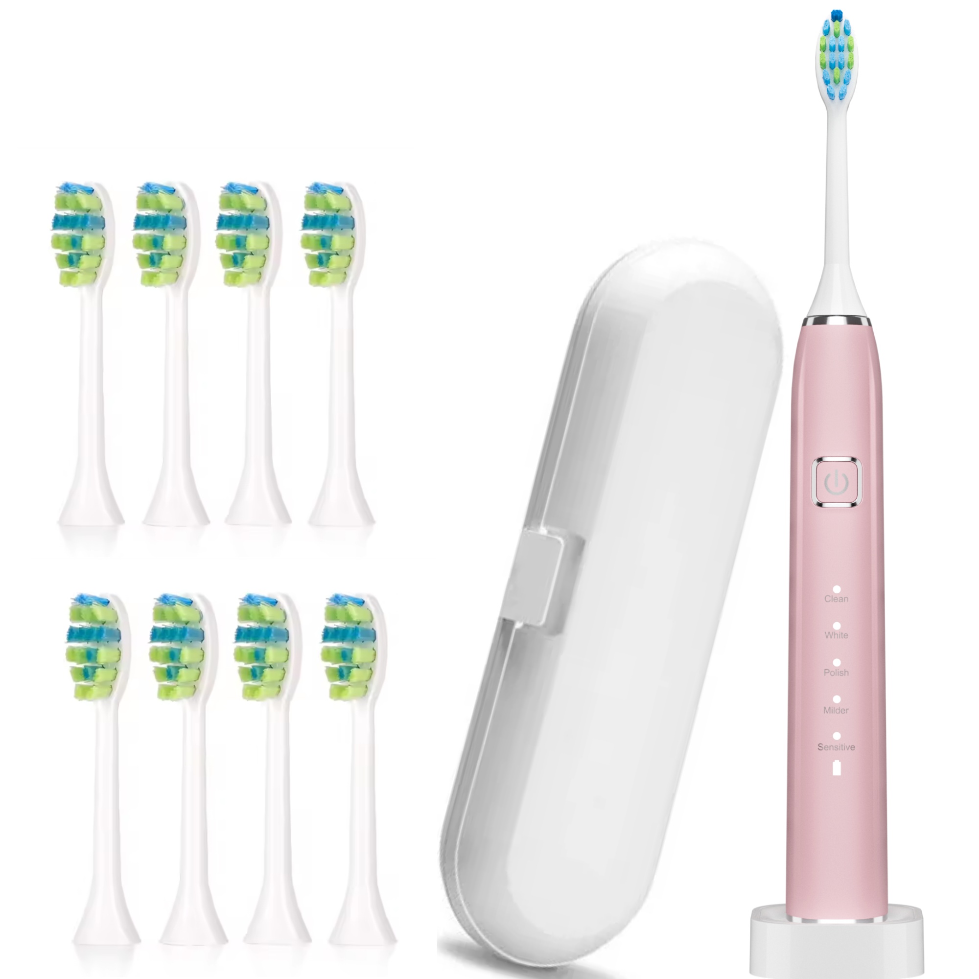 Periuta de dinti electrica Woya Smart Sonic EA312, 5 Moduri, 8 Capete, Etui Voiaj si Baza de incarcare, 38000 vpm, IPX7 – Roz